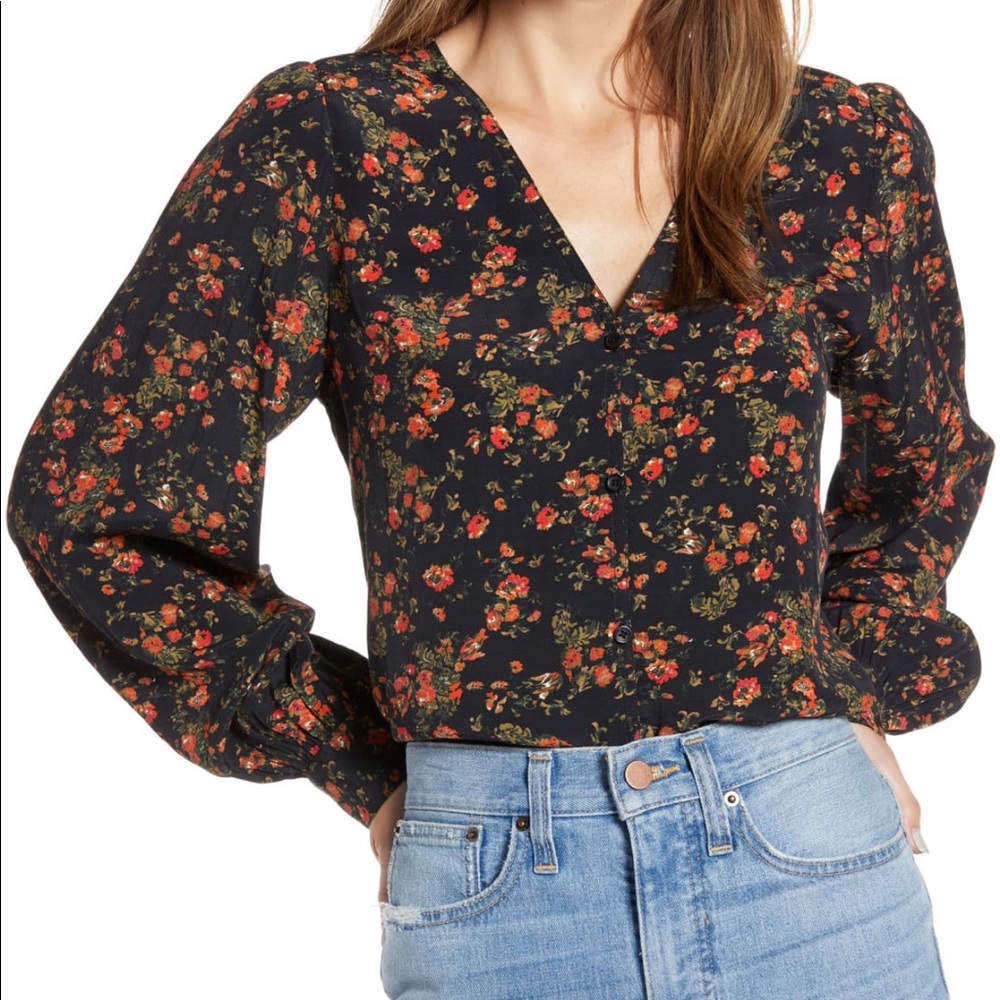 Something Navy Balloon Sleeve Button Front Blouse